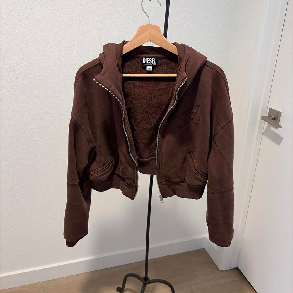 Diesel Women's Chocolate Brown Cropped Full Zip Hoodie Sweater Jacket